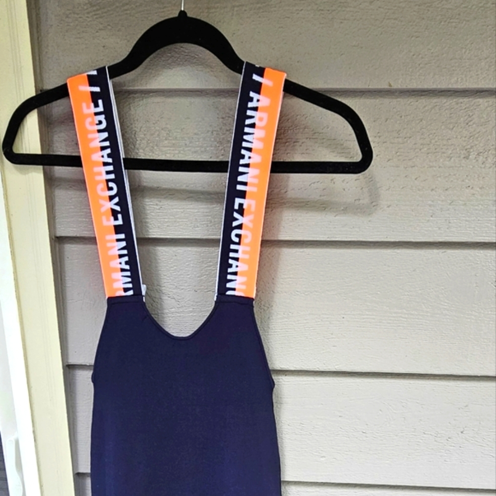 A | X ARMANI EXCHANGE NAVY BLUE STRETCHY DRESS WITH ORANGE NEON STRAPS LOGO NWOT - Picture 8 of 16